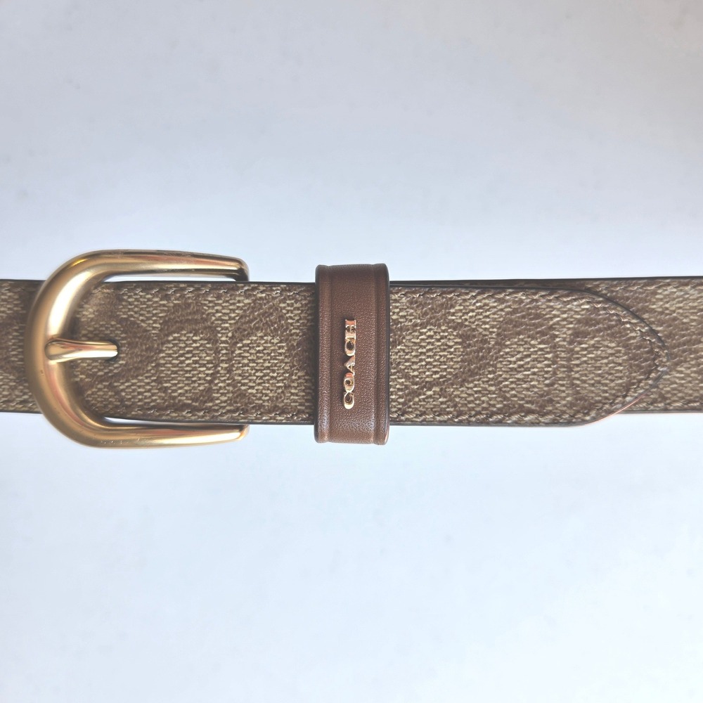 Coach Womens Signature Monogram Leather Trim Belt Khaki Brown Gold F78179 L - Picture 4 of 11